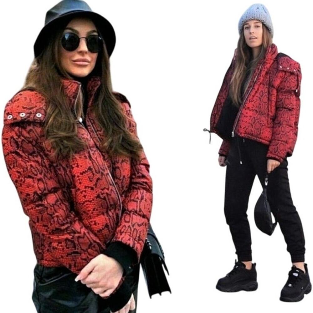 Zara Snakeskin Puffer Coat Snakeskin Print Zipper Hooded Cinch Hem Red Black XS
